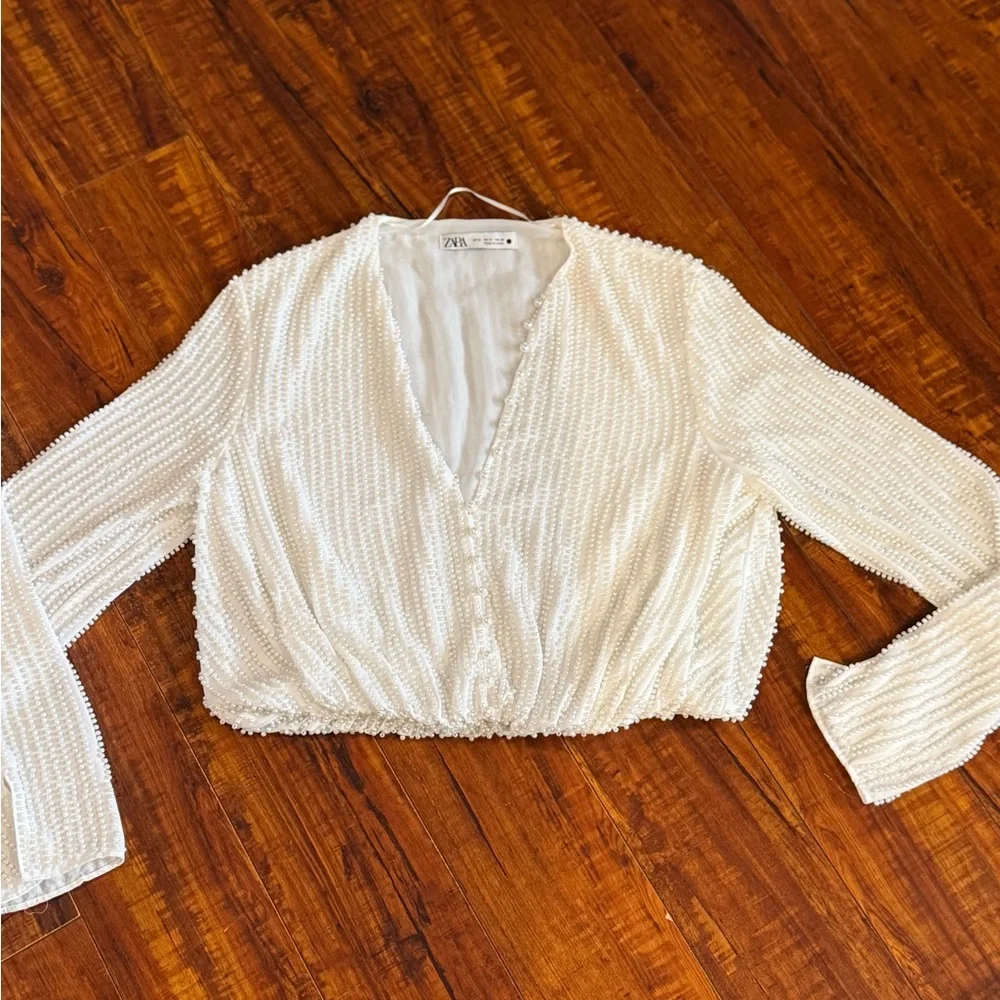 Zara Pearl Embellished Long Sleeve Bubble Elastic Waist Top